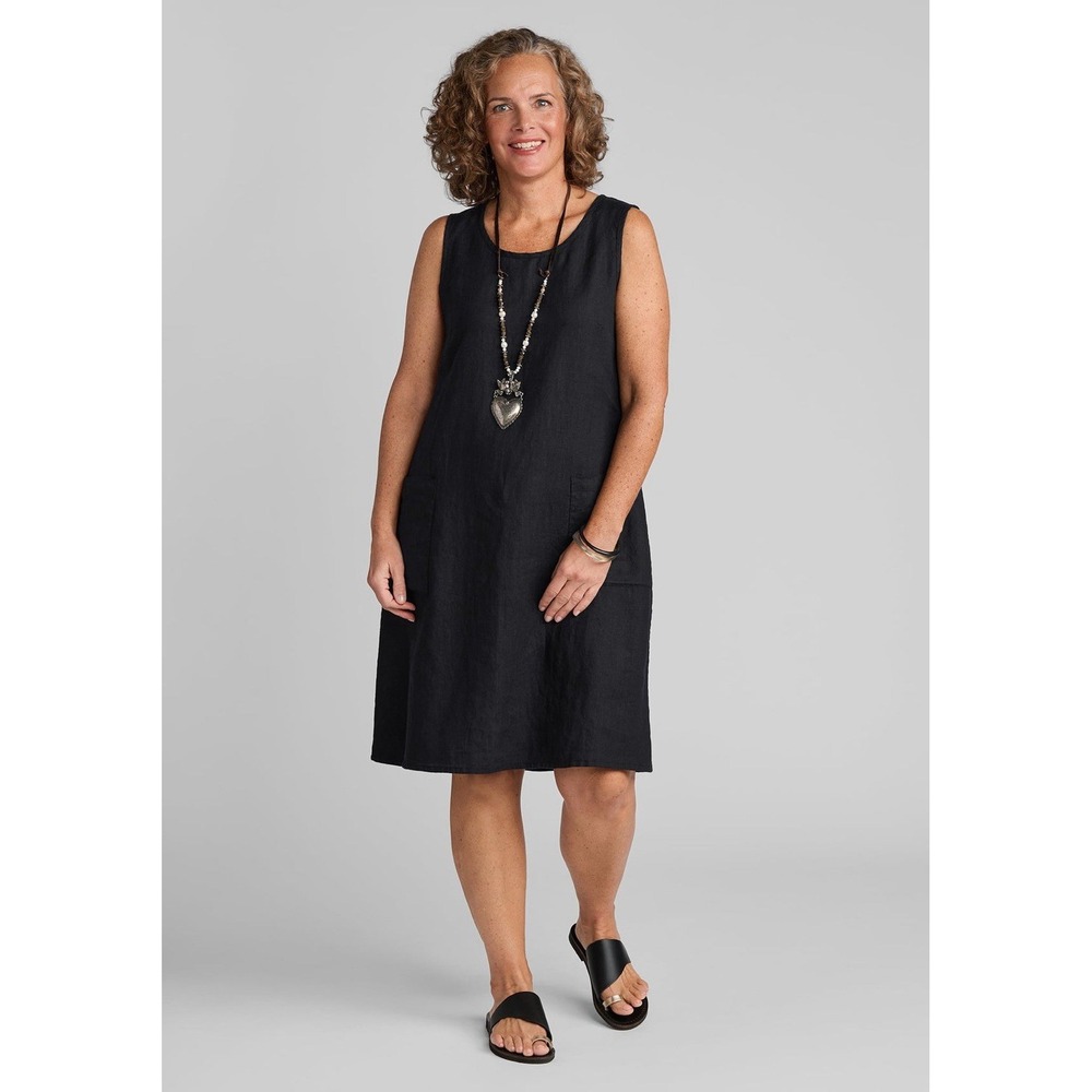 FLAX 100% Linen Lagenlook Sleeveless V-Neck Pocket Tank Dress in Black 26